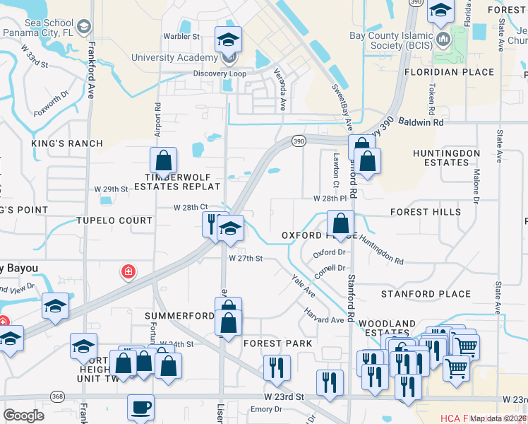 map of restaurants, bars, coffee shops, grocery stores, and more near 1334 Saint Andrews Boulevard in Panama City