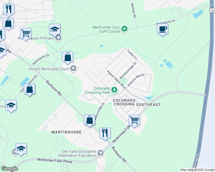 map of restaurants, bars, coffee shops, grocery stores, and more near 7116 Vail Ridge Street in Austin