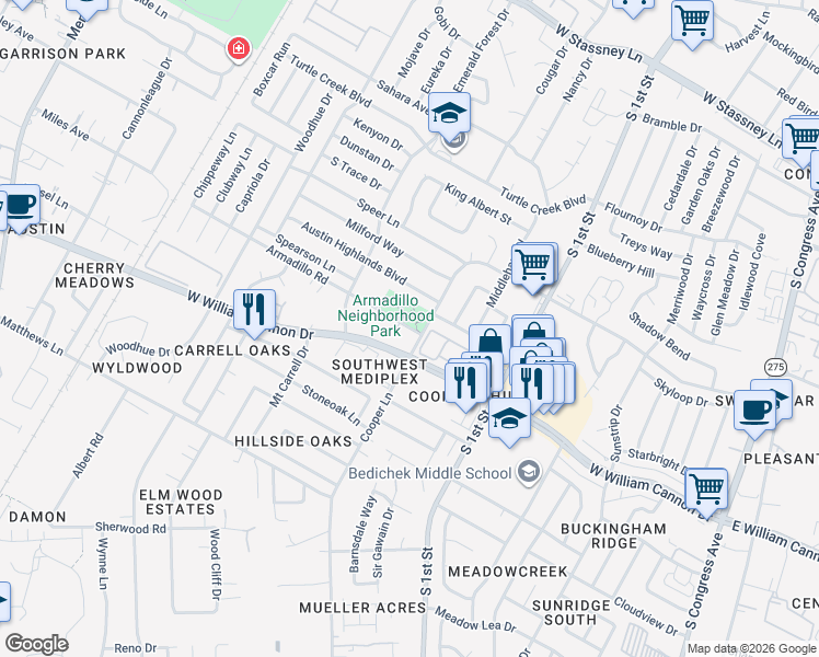 map of restaurants, bars, coffee shops, grocery stores, and more near 901 Armadillo Road in Austin