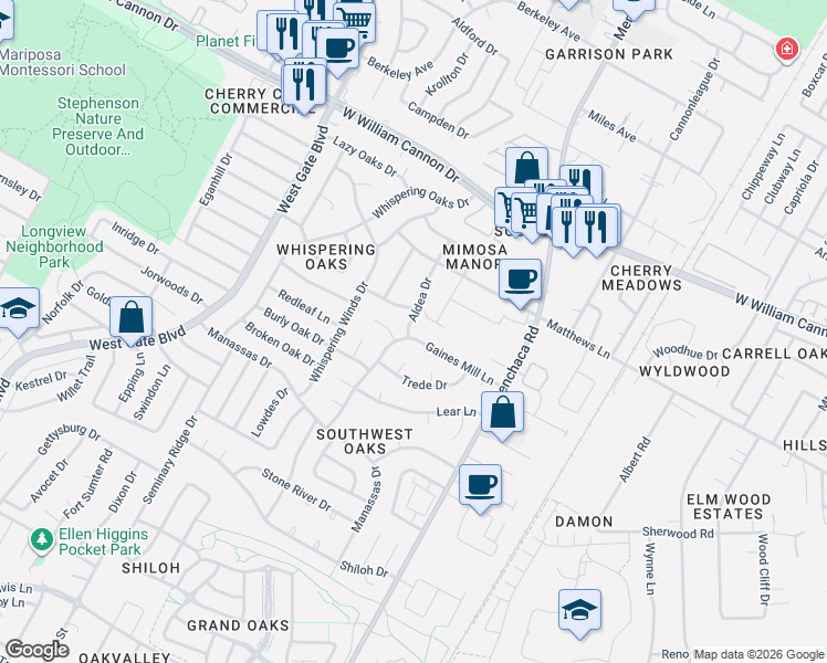 map of restaurants, bars, coffee shops, grocery stores, and more near 7334 Gaines Mill Lane in Austin