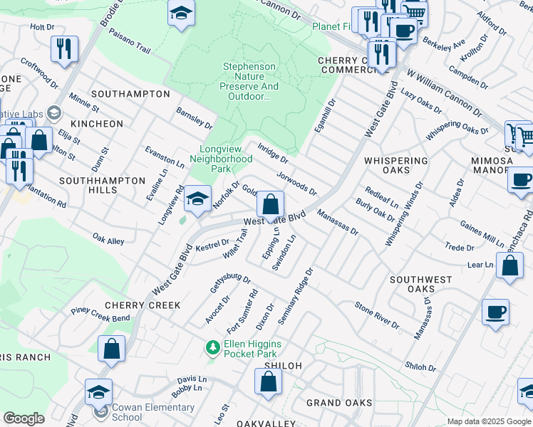 map of restaurants, bars, coffee shops, grocery stores, and more near 7900 West Gate Boulevard in Austin