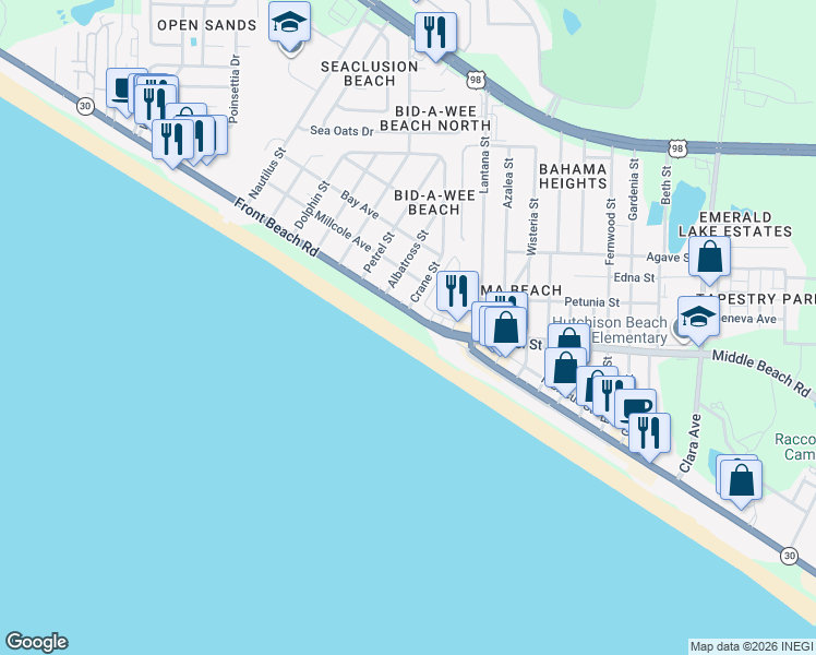 map of restaurants, bars, coffee shops, grocery stores, and more near 13623 Front Beach Rd in Panama City