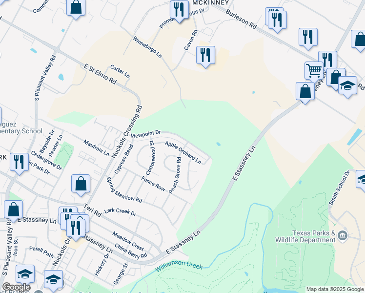 map of restaurants, bars, coffee shops, grocery stores, and more near 5415 Apple Orchard Lane in Austin