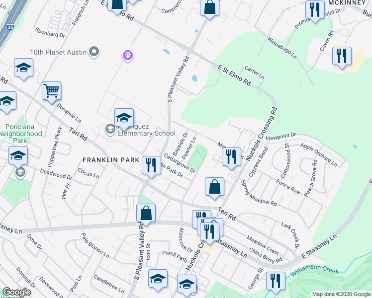 map of restaurants, bars, coffee shops, grocery stores, and more near 4802 Pewter Lane in Austin