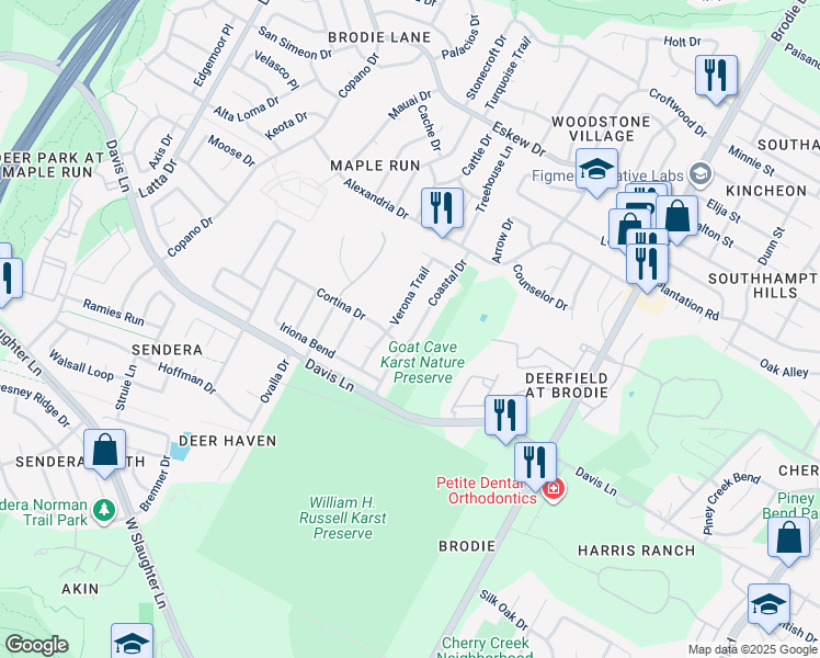 map of restaurants, bars, coffee shops, grocery stores, and more near 8712 Coastal Drive in Austin