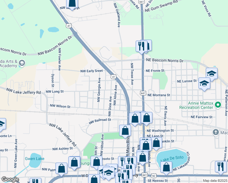 map of restaurants, bars, coffee shops, grocery stores, and more near 326 Northwest Long Street in Lake City