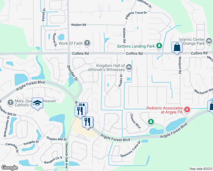 map of restaurants, bars, coffee shops, grocery stores, and more near 7781 Pikes Peak Drive in Jacksonville