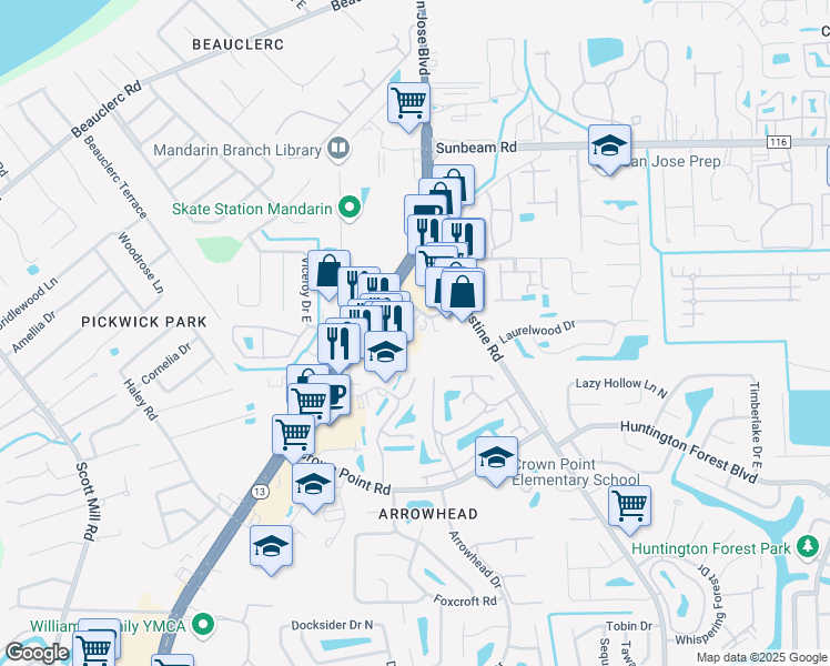 map of restaurants, bars, coffee shops, grocery stores, and more near 9759 San Jose Boulevard in Jacksonville
