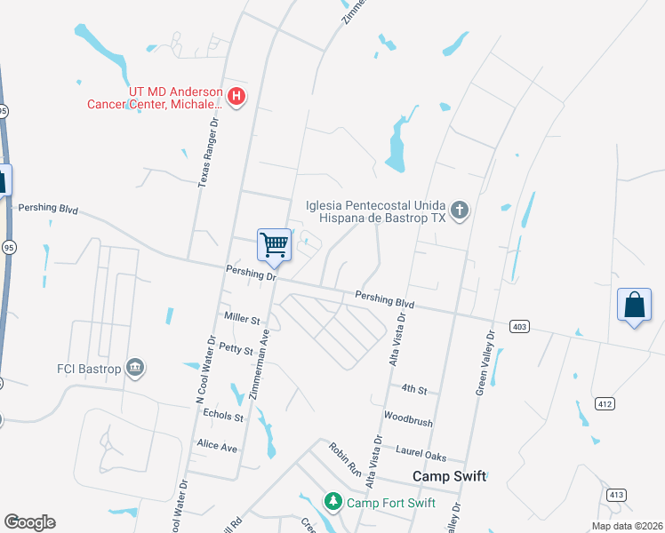 map of restaurants, bars, coffee shops, grocery stores, and more near 113 Horseshoe Drive in Bastrop