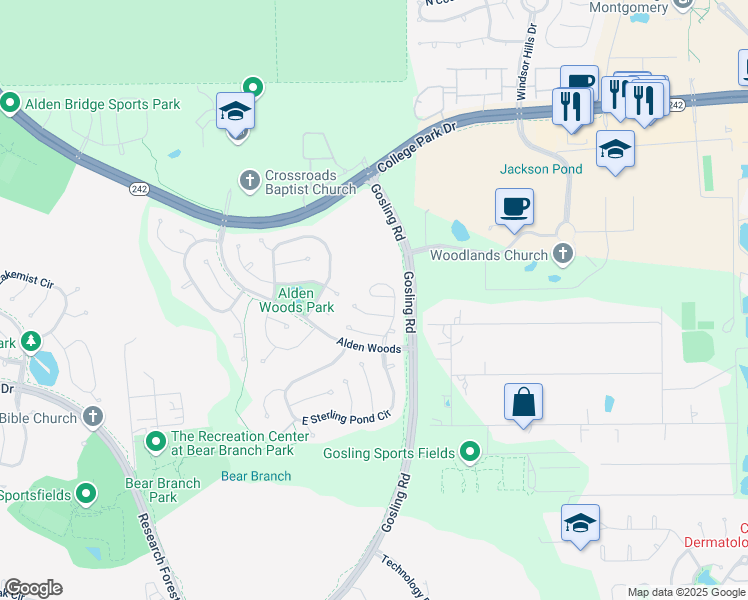 map of restaurants, bars, coffee shops, grocery stores, and more near 34 Cypress Bayou Court in Spring