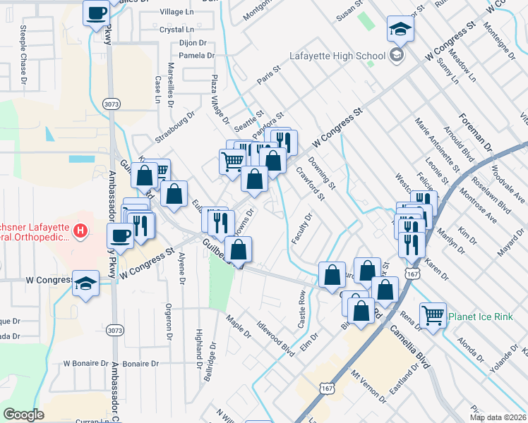 map of restaurants, bars, coffee shops, grocery stores, and more near 100 Winchester Drive in Lafayette