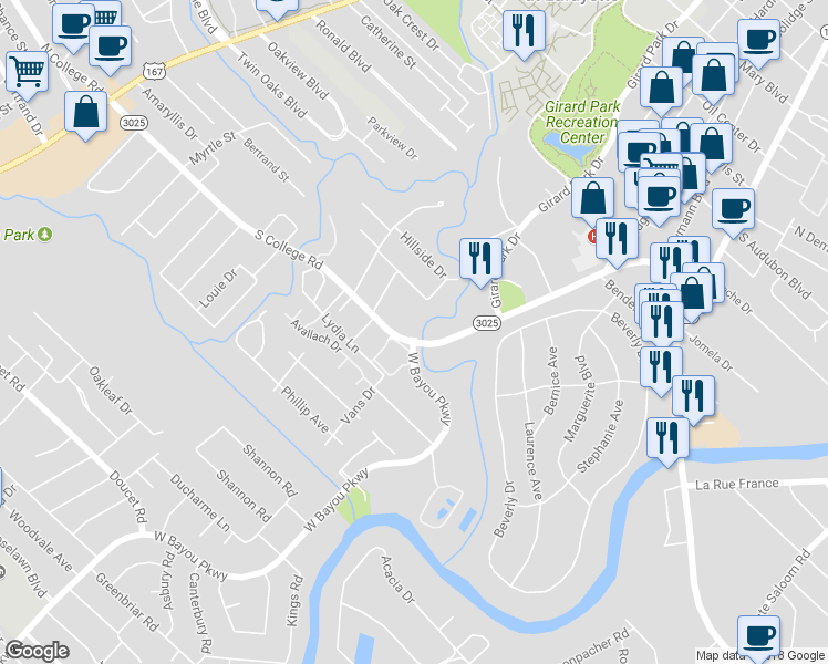 map of restaurants, bars, coffee shops, grocery stores, and more near 1105 South College Road in Lafayette