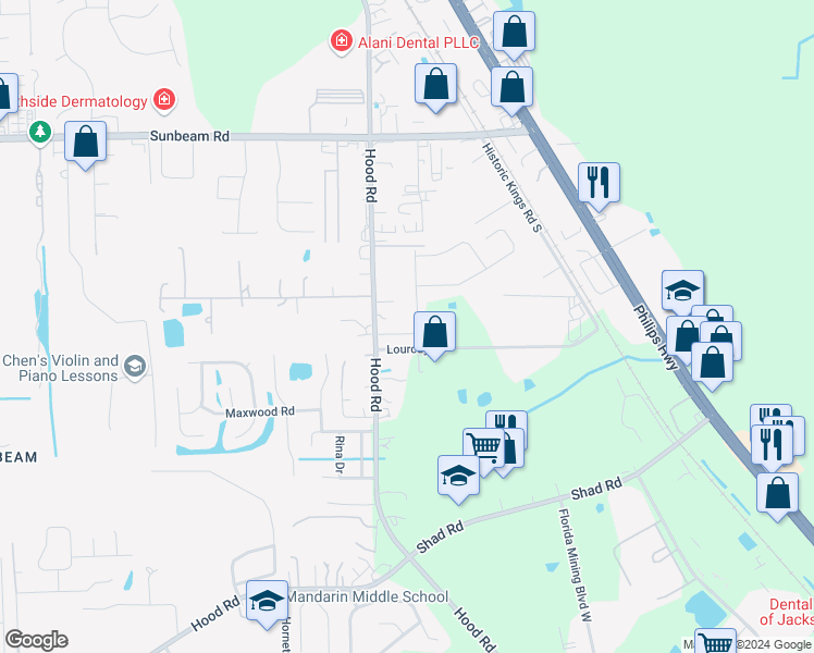 map of restaurants, bars, coffee shops, grocery stores, and more near 9738 Price Park Drive in Jacksonville