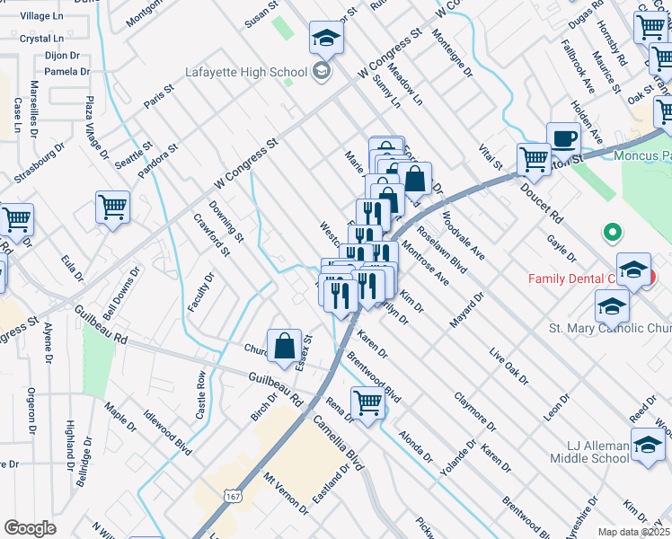 map of restaurants, bars, coffee shops, grocery stores, and more near 120 Emerite Drive in Lafayette