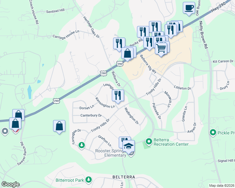 map of restaurants, bars, coffee shops, grocery stores, and more near 180 Lexington Drive in Austin