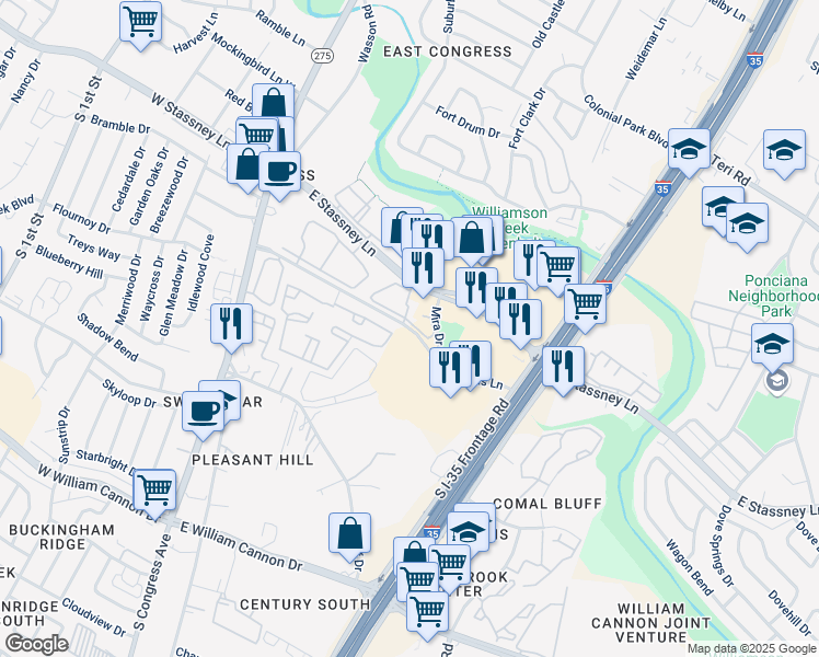 map of restaurants, bars, coffee shops, grocery stores, and more near 601 Little Texas Lane in Austin