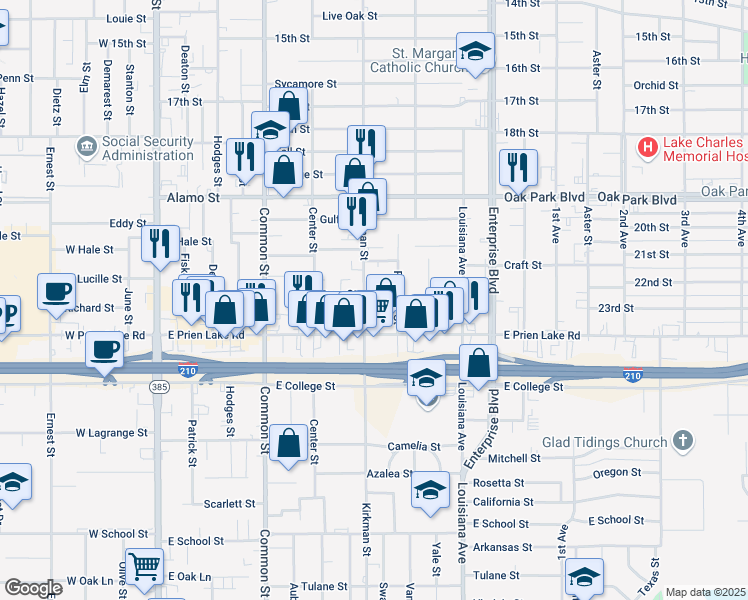 map of restaurants, bars, coffee shops, grocery stores, and more near 3213 Kirkman Street in Lake Charles