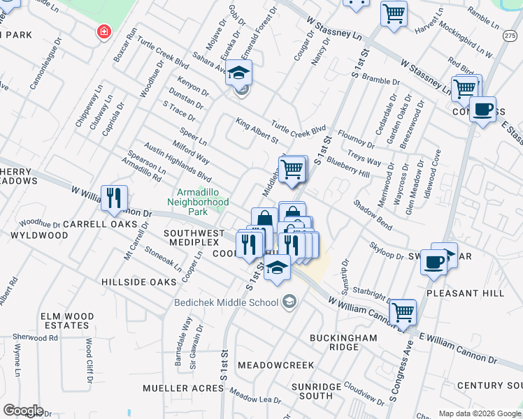 map of restaurants, bars, coffee shops, grocery stores, and more near 6507 Middleham Place in Austin