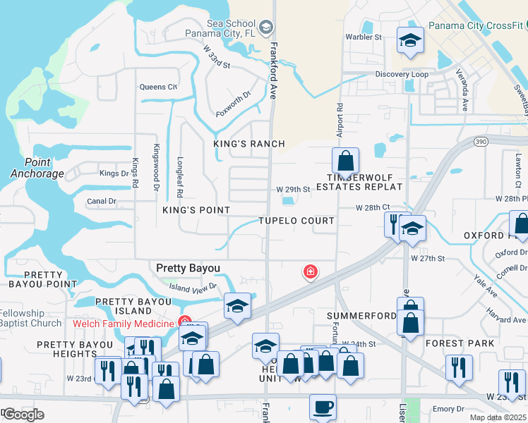 map of restaurants, bars, coffee shops, grocery stores, and more near 2913 Tupelo Drive in Panama City