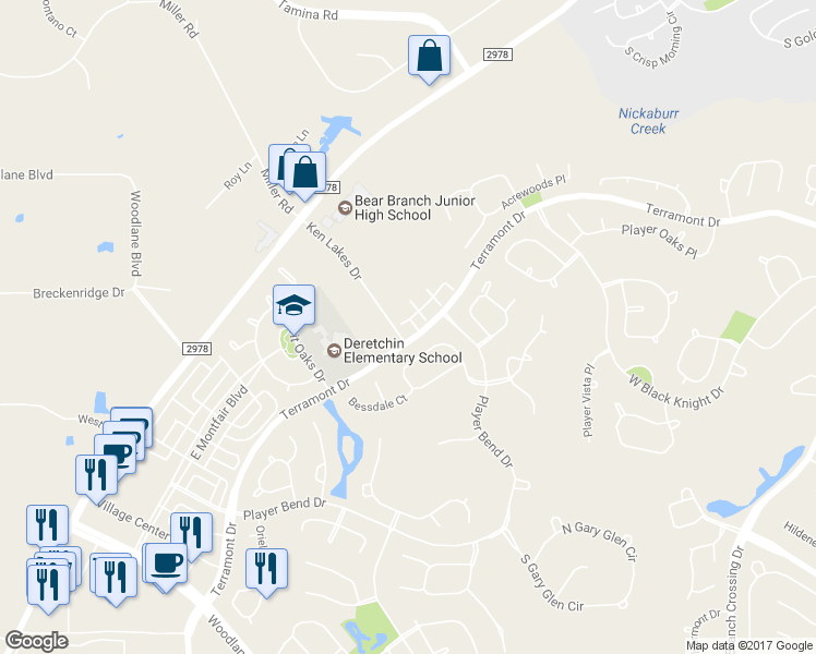 map of restaurants, bars, coffee shops, grocery stores, and more near 7 Innerwoods Place in The Woodlands