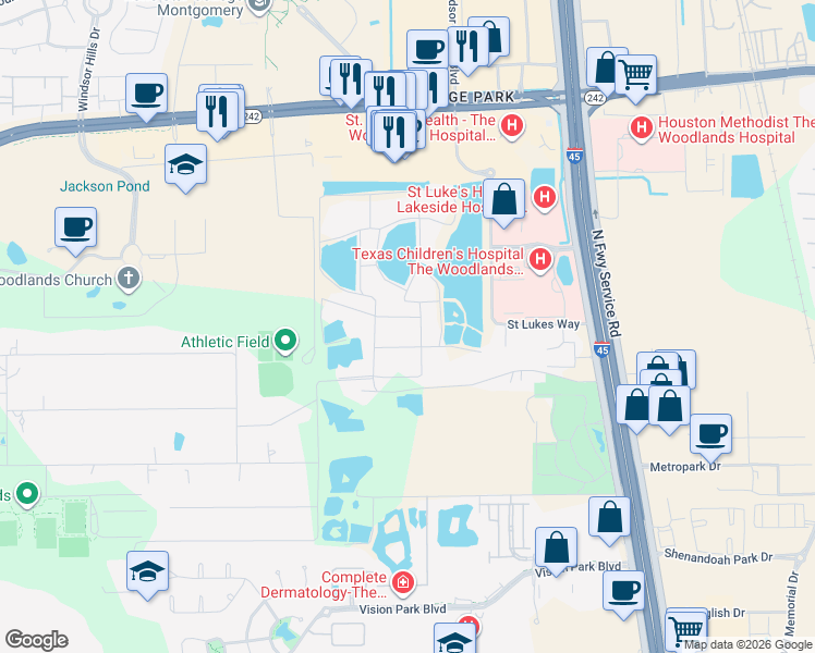 map of restaurants, bars, coffee shops, grocery stores, and more near 605 White Bass in Conroe