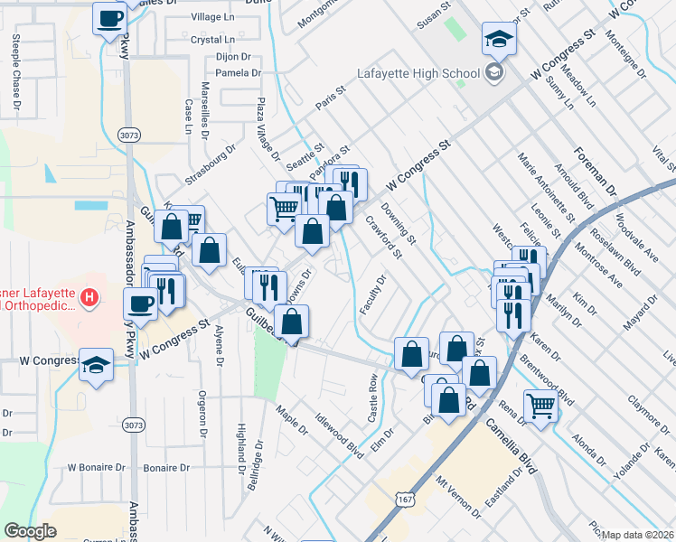 map of restaurants, bars, coffee shops, grocery stores, and more near 100 Winchester Drive in Lafayette