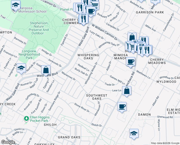 map of restaurants, bars, coffee shops, grocery stores, and more near 7501 Whispering Winds Drive in Austin