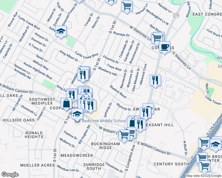 map of restaurants, bars, coffee shops, grocery stores, and more near 6314 Shadow Bend in Austin