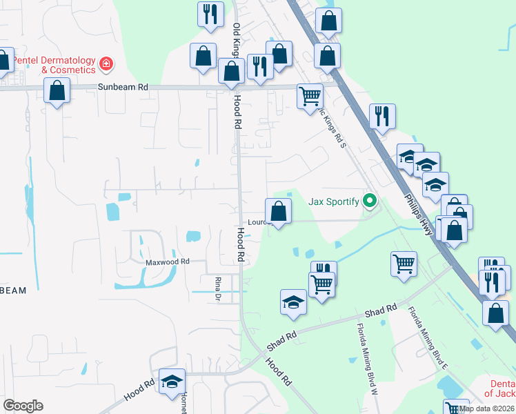 map of restaurants, bars, coffee shops, grocery stores, and more near 9738 Price Park Drive in Jacksonville