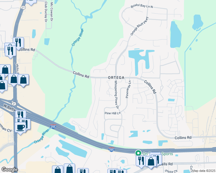 map of restaurants, bars, coffee shops, grocery stores, and more near 5520 Collins Road in Jacksonville