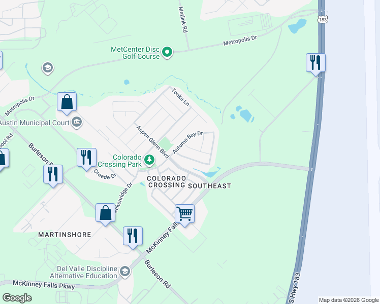 map of restaurants, bars, coffee shops, grocery stores, and more near 7416 Aspen Brook Drive in Austin