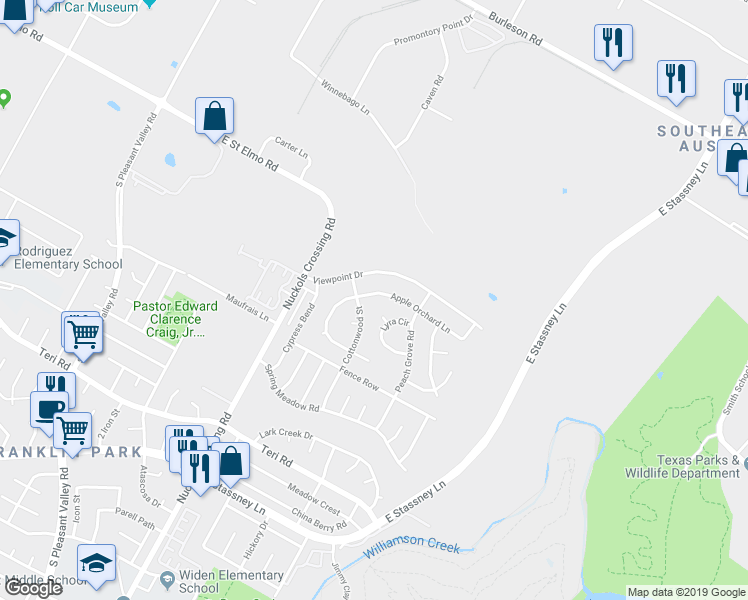 map of restaurants, bars, coffee shops, grocery stores, and more near 5310 Apple Orchard Lane in Austin