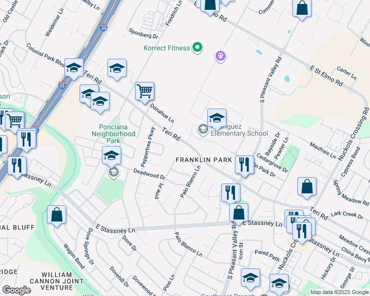 map of restaurants, bars, coffee shops, grocery stores, and more near 2307 Teri Road in Austin