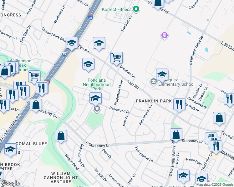 map of restaurants, bars, coffee shops, grocery stores, and more near 2239 Palmera Cove in Austin
