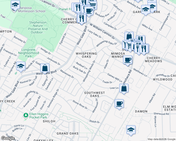 map of restaurants, bars, coffee shops, grocery stores, and more near 7501 Whispering Winds Drive in Austin