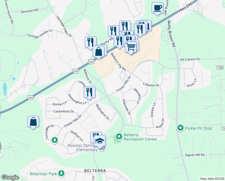 map of restaurants, bars, coffee shops, grocery stores, and more near 761 Trinity Hills Drive in Austin