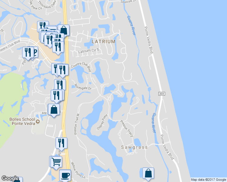 map of restaurants, bars, coffee shops, grocery stores, and more near 61 Fishermans Cove Road in Ponte Vedra Beach
