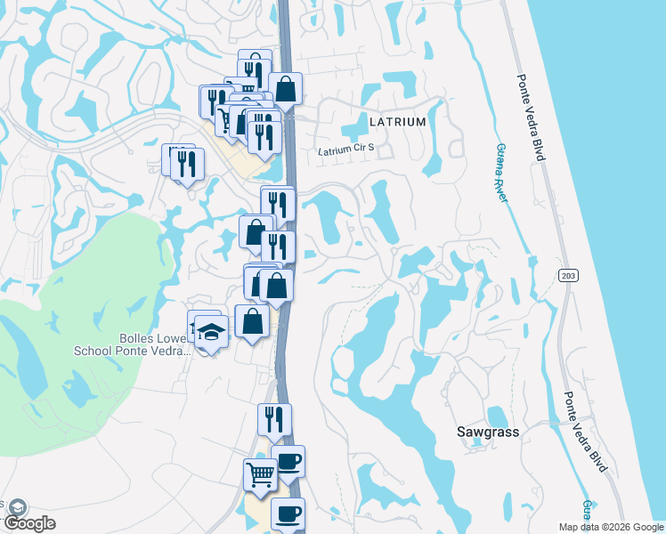 map of restaurants, bars, coffee shops, grocery stores, and more near 64 Northgate Drive in Ponte Vedra Beach