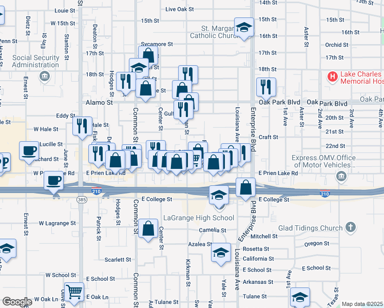 map of restaurants, bars, coffee shops, grocery stores, and more near 3209 Kirkman Street in Lake Charles