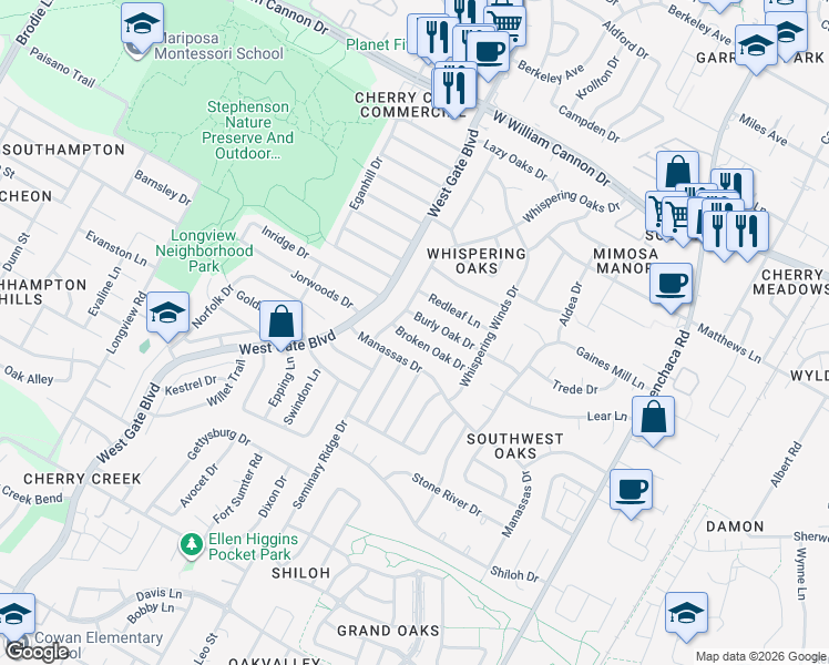 map of restaurants, bars, coffee shops, grocery stores, and more near 2600 Broken Oak Drive in Austin