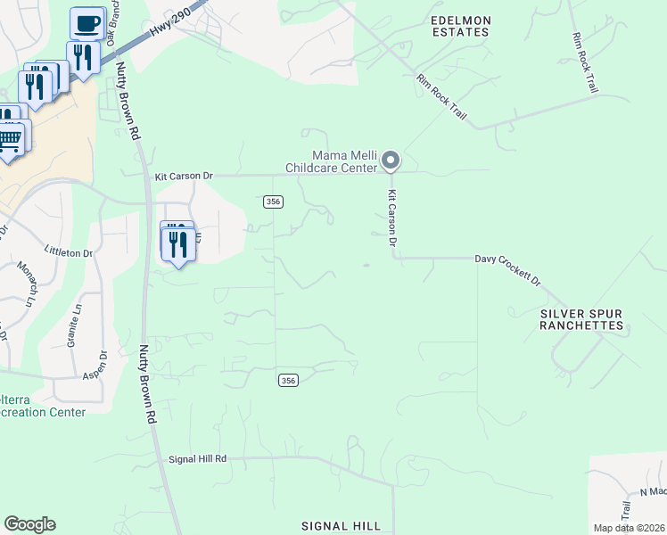 map of restaurants, bars, coffee shops, grocery stores, and more near 12701 County Road 356 in Austin