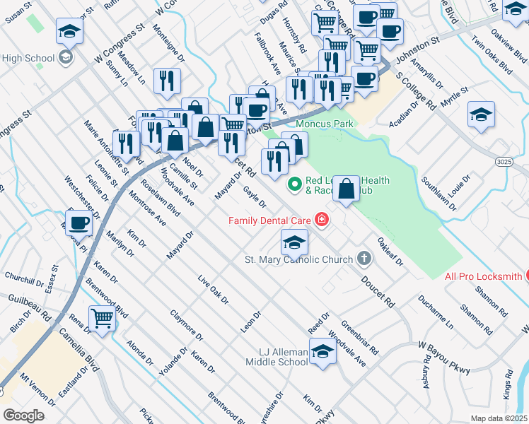 map of restaurants, bars, coffee shops, grocery stores, and more near 105 Gayle Dr in Lafayette