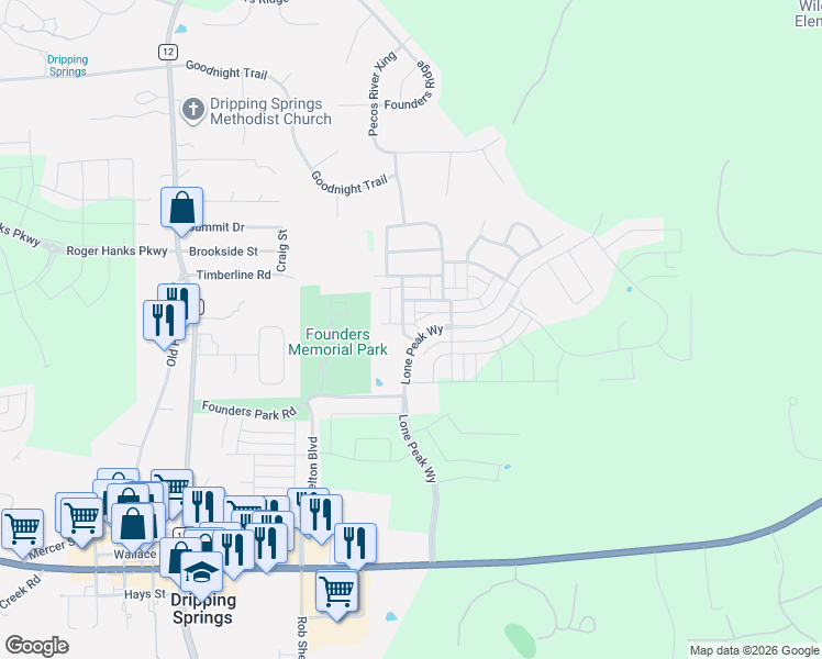map of restaurants, bars, coffee shops, grocery stores, and more near 107 Major Peak Street in Dripping Springs