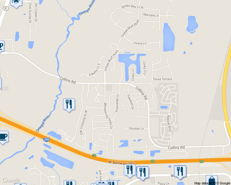 map of restaurants, bars, coffee shops, grocery stores, and more near 8206 Windypine Lane in Jacksonville