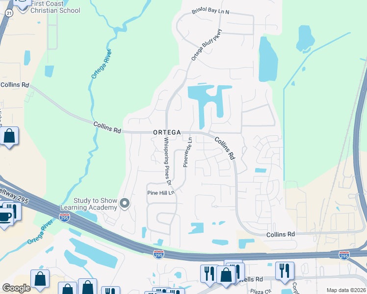 map of restaurants, bars, coffee shops, grocery stores, and more near 8206 Windypine Lane in Jacksonville