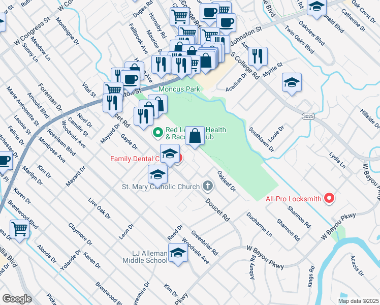 map of restaurants, bars, coffee shops, grocery stores, and more near 139 Ridgeway Drive in Lafayette