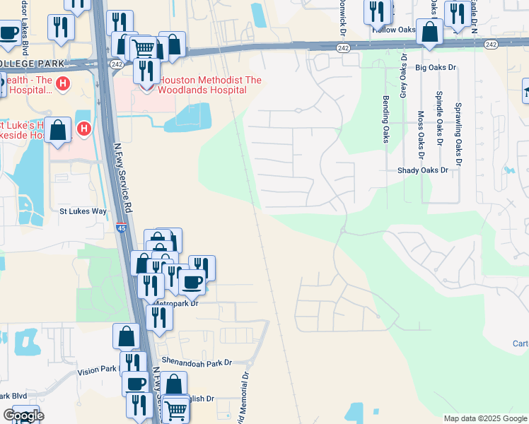 map of restaurants, bars, coffee shops, grocery stores, and more near 8110 Laughing Falcon Trail in Conroe
