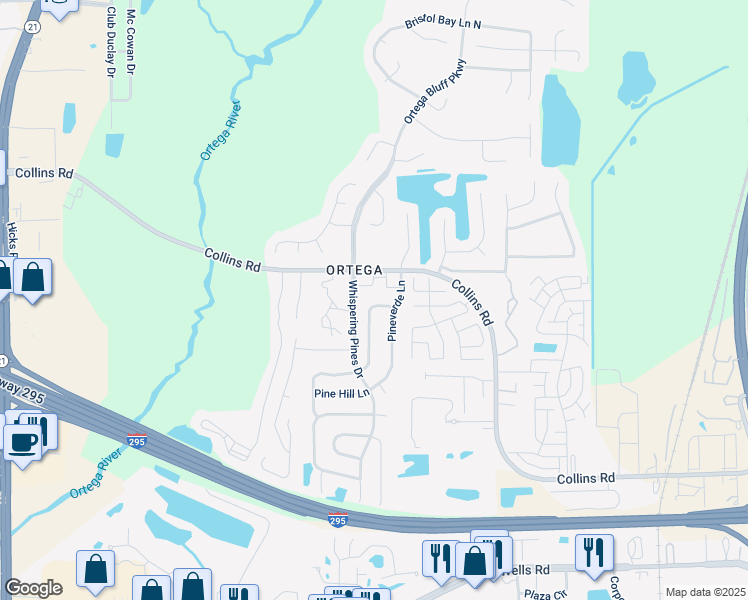 map of restaurants, bars, coffee shops, grocery stores, and more near 8206 Windypine Lane in Jacksonville