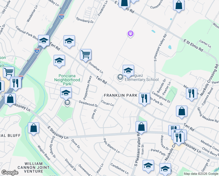 map of restaurants, bars, coffee shops, grocery stores, and more near 2307 Teri Road in Austin