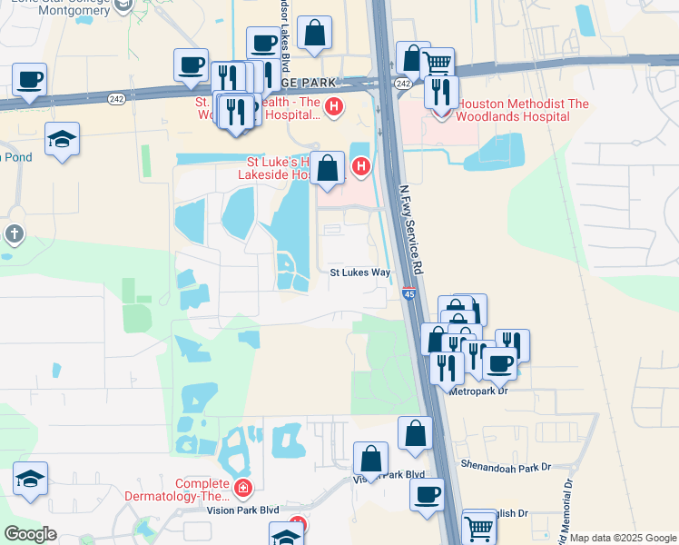 map of restaurants, bars, coffee shops, grocery stores, and more near 17450 Saint Lukes Way in Conroe
